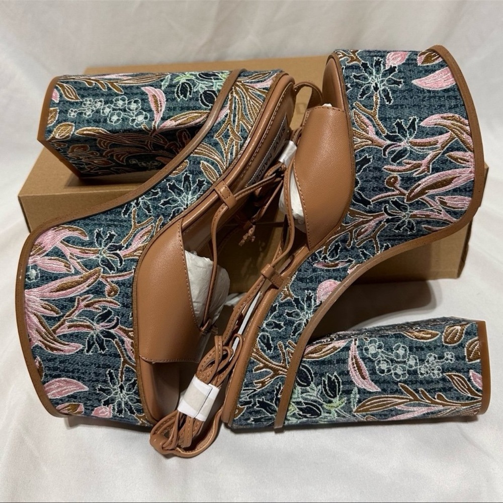 Steve Madden Anika Tan Leather Chunky Embroidered Platform Lace Up Heels Summer - Picture 11 of 12